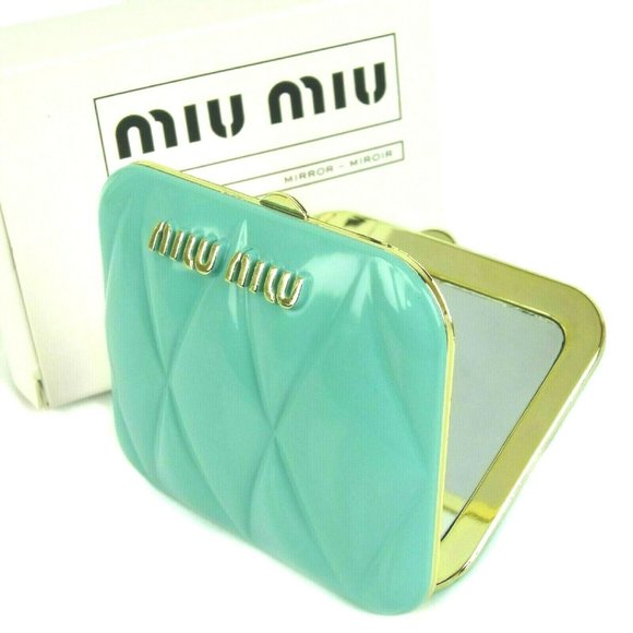 NEW! Luxe MIU MIU Teal Tiffany blue Cute Compact Mirror with Pouch - Sealed Box! - Picture 2 of 10